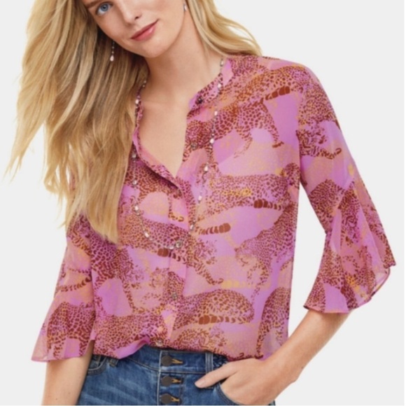 CAbi Pink Leopard Print Button Down Shirt - Picture 2 of 11